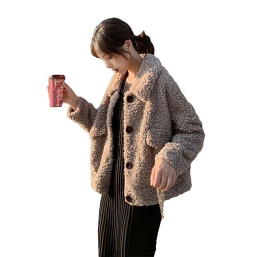 HEYDHSDC Chaqueta de piel de cordero cálida de invierno Abrigos de mujer de un solo pecho cuello vuelto hacia abajo ropa de abrigo de forro polar, café, M