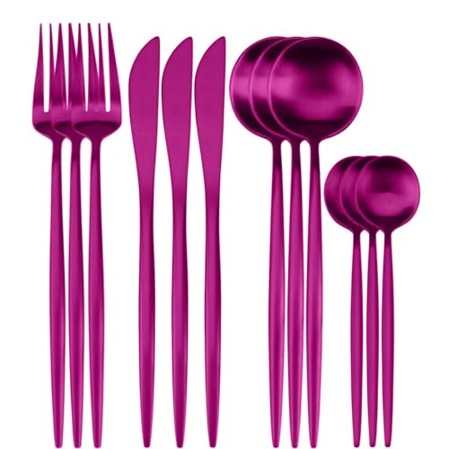 Image of 12 pcs Flatware Set, Pink Silverware Set for 3, Knife Fork Spoon, Stainless Steel Home Dinnerware Tableware,Mixed Cutlery Set Eating Utensils for Restaurants (12 Pcs Pink)