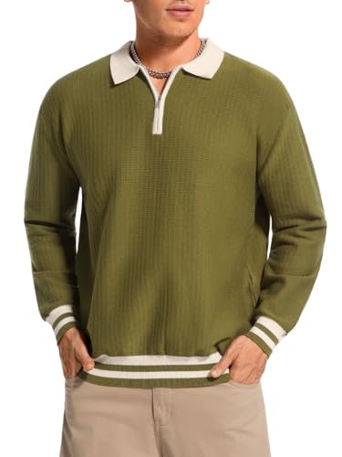 ChiaoLezhee Men's Fashion Contrast Color Waffle Sweater, Quarter-Zip Collared Long Sleeve Pullover - Lightweight Loose Fit, Knit Winter Half Polo,Olive Green,2X-Large