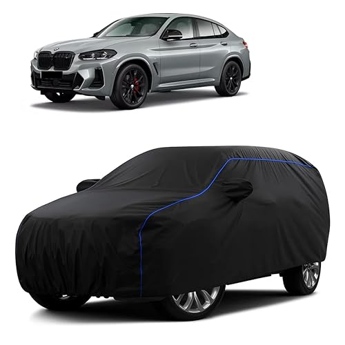 Image of Sulfar 100% Water Resistant Car Body Cover Compatible with Mirror for BMW X4 (Triple Stitched, Full Bottom Elastic, Black Tafetta with Blue Piping)