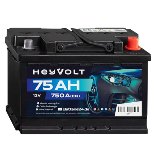 HeyVolt Autobatterie 12V 75Ah 750A Hochleistungs-Blei-Säure-Batterie, Langlebig, Kompatibel mit PKW