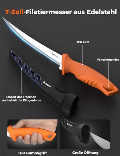 pullther Fishing Angelmesser, 7 Inch/177mm Fischmesser aus Edelstahl mit Rutschfestem Griff, Filetiermesser, Angelzubehör mit Schutzhülle