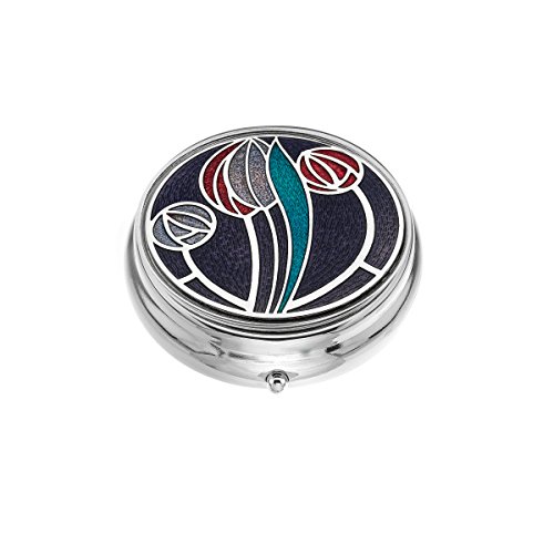 Preisvergleich Produktbild Really Nice Große Pillendose 3 Fächer Rennie Mackintosh Tulpe & Rose Design emailliertes Zinn Pink / Lila auf Lila 5 cm