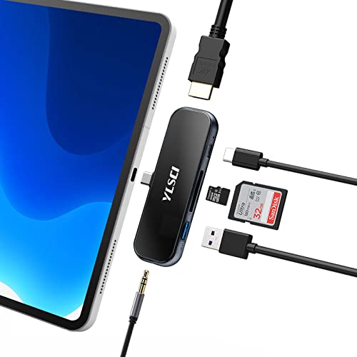 USB C Hub für iPad Pro/iPad Air 4, YLSCI 6 in 1 USB C Adapter mit 4K HDMI, USB3.0, 3.5mm Audio/Mic, SD/TF Kartenleser und PD Ladeanschluss kompatibel mit MacBook Pro/Air Schwarz