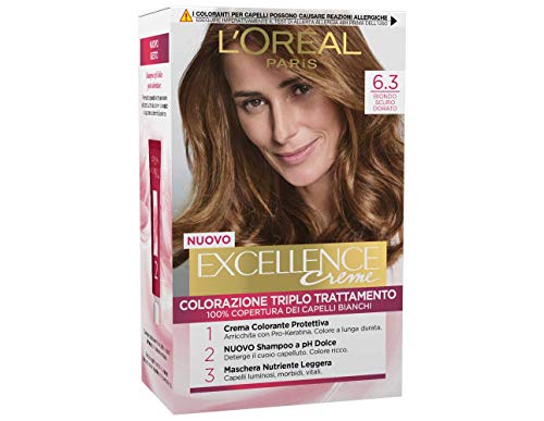 L'Oréal Paris Tinta Capelli Excellence, Copre i Capelli Bianchi, Colore Ricco, Luminoso e a Lunga Durata, 6.3 Biondo Scuro Dorato, Confezione da 1