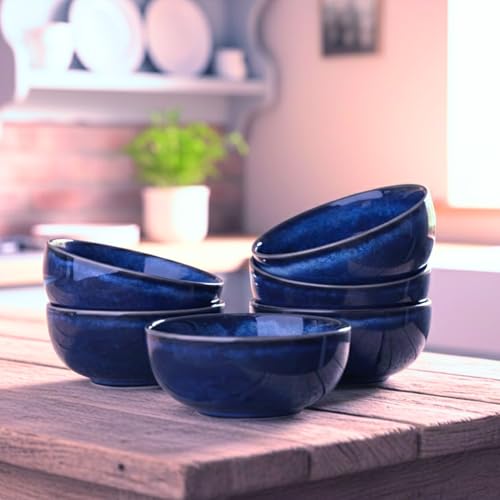 Image of Freakway Ceramic Bowls Set of 6, Reative Glaze Blue, Round, 180ml Capacity, Microwave and Dishwasher Safe-Midnight Blue-