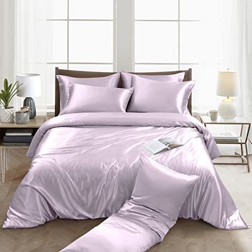 Image of Ersmak 6 Pieces Satin Duvet Cover King Size Luxury Silky Bedding Duvet Cover Set with 1 Soft Duvet Cover, 4 King Pillowcases and 1 Body Pillowcase, Lavender