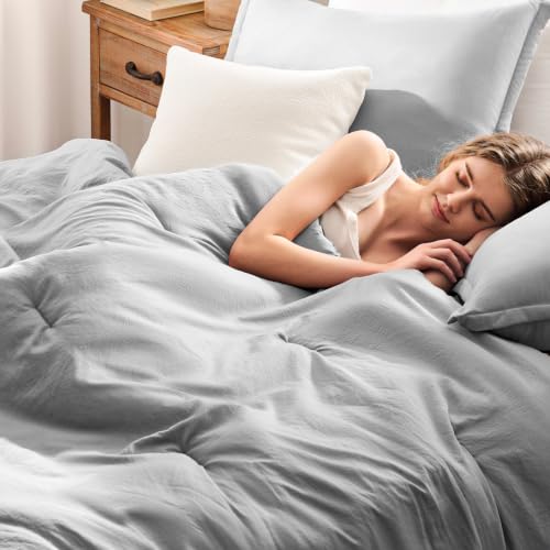 Image of Quataly Oversized King Comforter Set Prewashed Lightweight Quilted Bedding | 3PCS Light Grey Breathable Down Alternative Bedding Set with 1 Solid Comforter (120 inchx98 inch) and 2 Soft Pillowcases