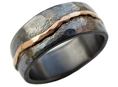 hammered gold wedding band black silver, man wedding band, organic wave ring gold, viking wedding ring forged, celtic promise band, cool mens ring
