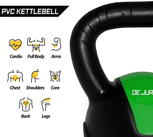 Image of De Jure Fitness PVC Kettlebell 3kg for Men & Women, Strength & Cardio Training, Soft Grip, Crushed Concrete Filled, Full Body Workout Equipment for Home & Gym (Green Black)