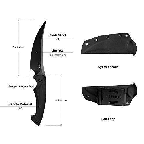 Kubey Scimitar Ku231 10.4In Fxied Blade Hunting Knives With 5.4In Trailing Point D2 Blade And G-10 Handle For Outdoor Survival Camping And Bushcraft, W/Kydex Sheath (Coating) #TOP2