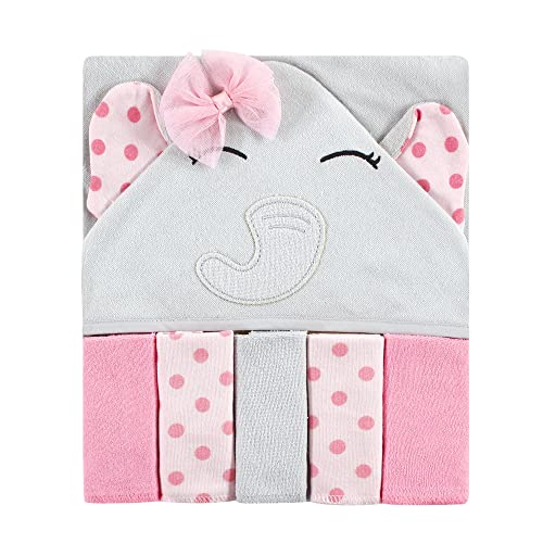 Image of Hudson Baby Unisex Baby Hooded Towel and Five Washcloths, Pink Dots Pretty Elephant, One Size