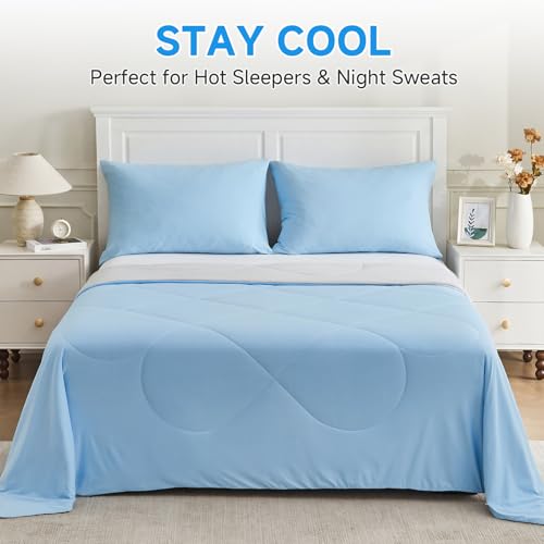 Image of HOMFINE Cooling Comforter Japanese Double-Sided Arc-Chill Cold Tech Fabric Cooling Blanket for Night Sweats Hot Sleepers, Q-Max 0.45 Soft Breathable Silk Smooth Lightweight Blue Summer Comforter King