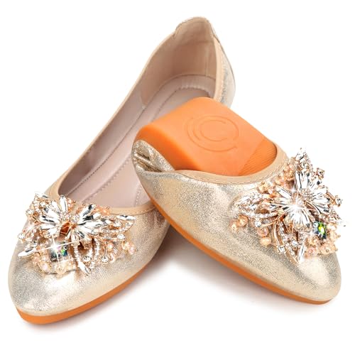 Image of KUNWFNIX Women Ballet Flats Rhinestone Wedding Ballerina Shoes Foldable Sparkly Comfort Slip on Flat Shoes