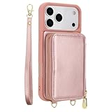 GSASMU Funda Tipo Cartera de Cuero con Cremallera para iPhone 17 Air 16e 16 Pro MAX 15 Plus 14 13 12 11 con cordón Largo y Ranuras para Tarjetas (para iPhone 15/Oro Rosa)