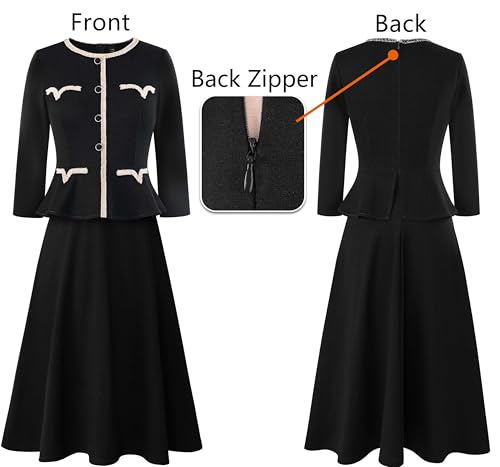 VFSHOW Womens 2024 Fall Work Business Dresses Buttons Peplum Office Slimming Crew Neck Patchwork A-Line Fit and Flare Dress4