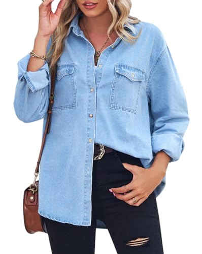 Maniche lunghe, colletto risvoltato, tinta unita, elegante blusa in denim, ideale per la primavera e l'autunno