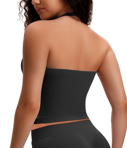 Comper Halter Workout Tops for Women Longline Strappy Tops with Built in Bra Backless Sports Workout Top with Removable Paded Black - image 2
