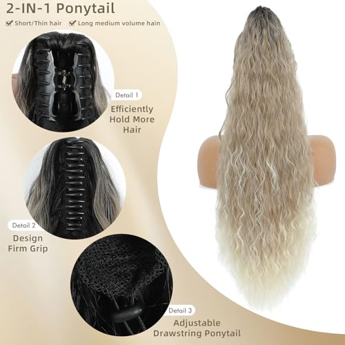 Image of Claw Clip Ponytail Extension 26In Wavy Curly Hair, Ombre Brown Mix Blonde