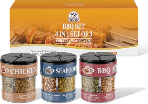 52USA 4-in-1 BBQ Seasoning Set of 3, Suit for Chicken, Seafood & BBQ Rubs | 12 Flavor Grill Seasonings, Grilling, Cooking & Barbecue, Spice Gift Box Set, BBQ Gifts for Men, Kitchen Beginner Friendly