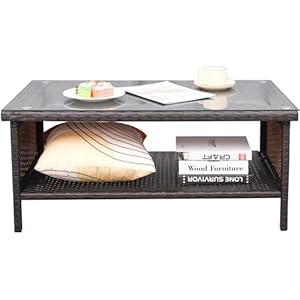 WAROOM Outdoor PE Wicker Coffee Table Patio Rattan Garden Side End Tea Table with Glass Top Furniture Brown