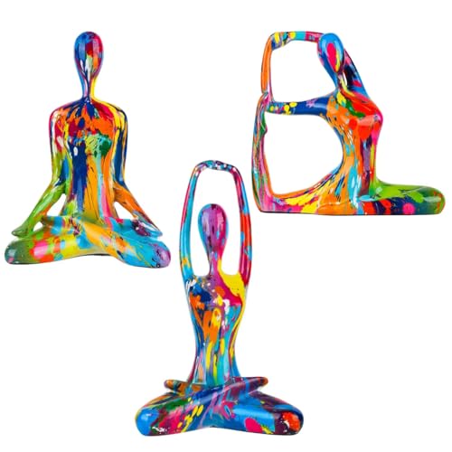 Ecacon Colorful Abstract Yoga Figurines Set of 3 - Vibrant Graffiti Art Sculptures, Modern Home Decor Accents, Unique Gift for Yoga Lovers, Meditation Room & Living Room Shelf Desk Decor