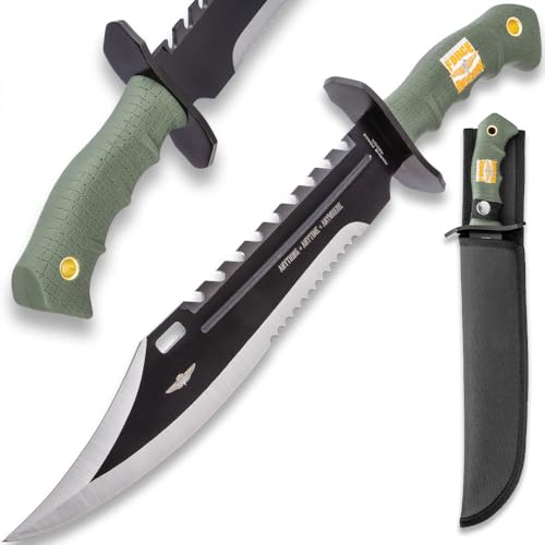 UNITED CUTLERY USMC Anything, Anytime, Anywhere Giant Bowie Knife and Sheath - Anodized Stainless Steel Blade, Over-Molded Rubber Handle, Large Metal Handguard, For All Cutting Jobs - Length 16 3/8"