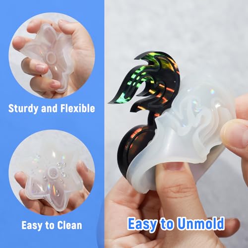 Image of NiArt Fidget Spinner Epoxy Resin Molds Set, 5 Holographic Silicone DIY Kit | Rainbow Texture, 15 Bearings & Caps, Storage Box For Casting Craft Projects, Stress Relief Toys