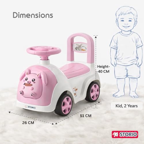 Image of Storio Rabbit Baby Ride-On Car Toy | Non-Battery Push Car for Kids with Backrest & Steering Wheel | Baby Ride On Toy for Boys & Girls 1-3 Years | Pink