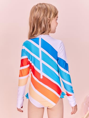 Image of Girls Long Sleeve One Piece Swimsuit Kids Multicolor Rash Guard Zipper Bathing Suits 5-14 Years
