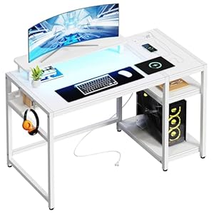 48 inch White Gaming Desk with Led Lights & Power Outlets, Computer Desk with Shelves & Monitor Stand,Home Office Desk,Headphone Hook