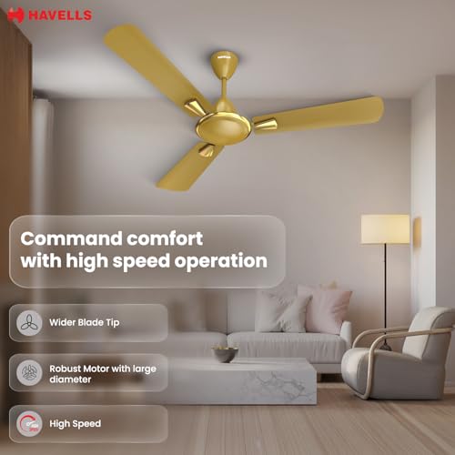 Image of Havells Quickair 1200mm Ceiling Fan, High-Speed, Energy Efficient & Silent Operation with Modern Design, Ideal for Bedrooms | 2 Years Manufacturer Warranty | Desert Gold