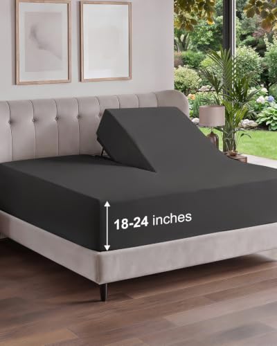 Image of Extra Deep Flex Top Split Head King Fitted Sheet - Hotel Luxury Single Fitted Sheet Only - Easily Fits 18 inch to 24 inch Mattress - Ultra Soft, Wrinkle Free w /Extra Deep Pockets - Charcoal