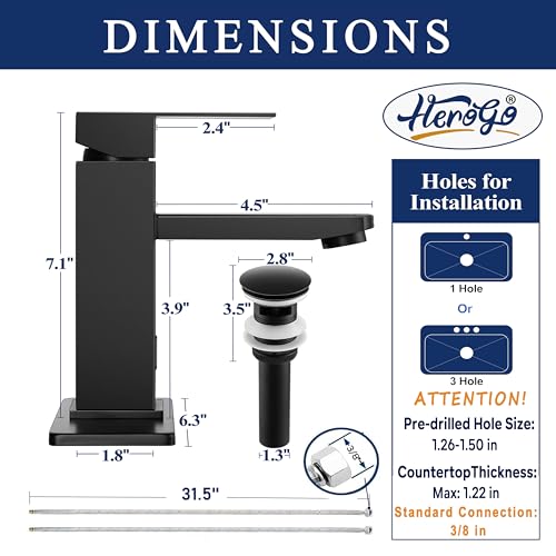 Image of Herogo Touchless Bathroom Faucets Matte Black Stainless Steel Automatic Motion Sensor Bathroom Faucet RV Bar Sink Faucet for 1-3 Hole Single-Handle with Pop Up Drain Stopper Water Supply Hoses