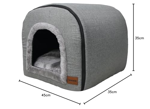 Whiwhi Katzenhöhle für Drinnen Katzen Höhlenbett mit Plüsch Katzenkissen Schlafhaus Haustierhaus Faltbares Hundehöhle 45x35x35cm(Grau)
