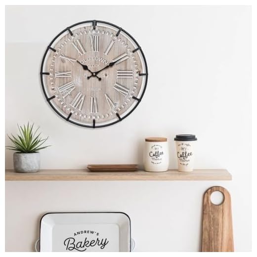 12 Inch Farmhouse Wall Clock Rustic Antique Wood with Metal Circle and Large Engraved Numerals, Silent Battery Operated Wall Clock for Office Kitchen Bedroom Living Room