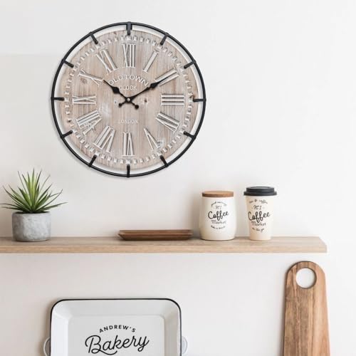 Image of EMAX HOME 12 Inch Farmhouse Wall Clock Rustic Antique Wood with Metal Circle and Large Engraved Numerals, Silent Battery Operated Wall Clock for Office Kitchen Bedroom Living Room