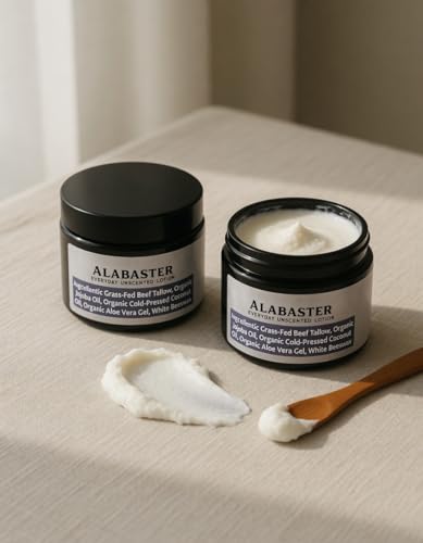 L&S Collective Alabaster Grass-Fed Beef Tallow Lotion - Natural Face & Body Moisturizer with Jojoba Oil, Beeswax, Coconut Oil & Aloe Vera - Unscented for Dry Sensitive Skin - 2oz