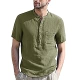 Herren Frühling und Sommer Solid Top Shirt Lässige Baumwolle Leinen Stehkragen Top Urlaub Tasche Kurzarm Shirt Anime Uhr (S,Armeegrün)