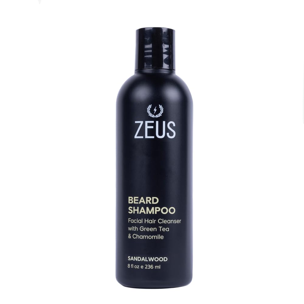 ZEUS Beard Shampoo Wash, Infused with Green Tea & Natural Ingredients to Cleanse and Soften Beard – 8 oz. Made in USA – Sandalwood