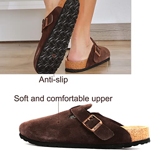 Klukge Boston Clogs For Men, Women‘s Suede Soft Leather Clogs Adjustable Buckle Cork Non-Slip Slippers Home Sandals Unisex Shoes(Dark Brown Uk 10.5) #TOP3