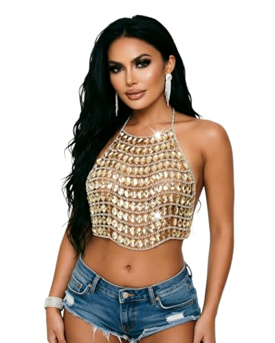 Image of AIBEARTY Women's Sexy Multi-Layer Metal Chain Crop Tops Hollow Out Halter Backless Tassel Camisoles for Rave Party Club