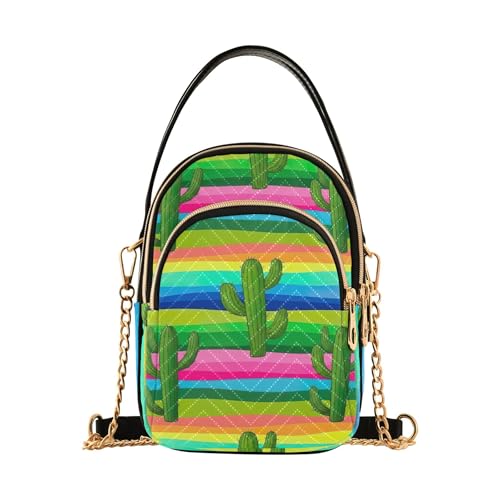 Single Shoulder Handbag Women Quilted Chain Strap Wallet Phone Purse Print Zipper Designer Bowler Tote Green Cacti Colorful Horizontal Stripes