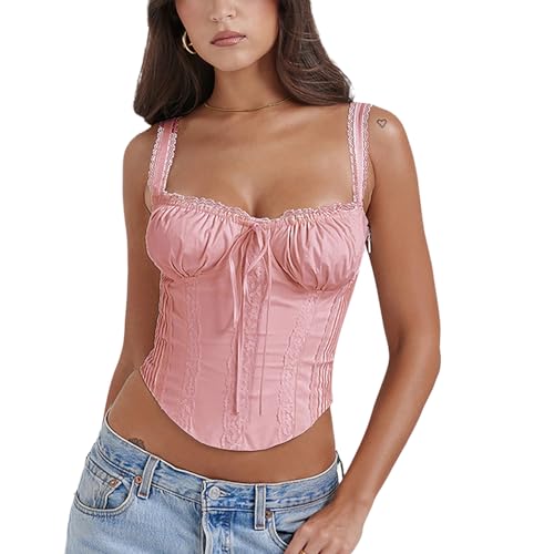 YADMISU Women's Lace Up Cami Corset Tops Cold Shoulder Zip Side Ties Back Sexy Going Out Bodyshaper Bustier Top,Pink,L