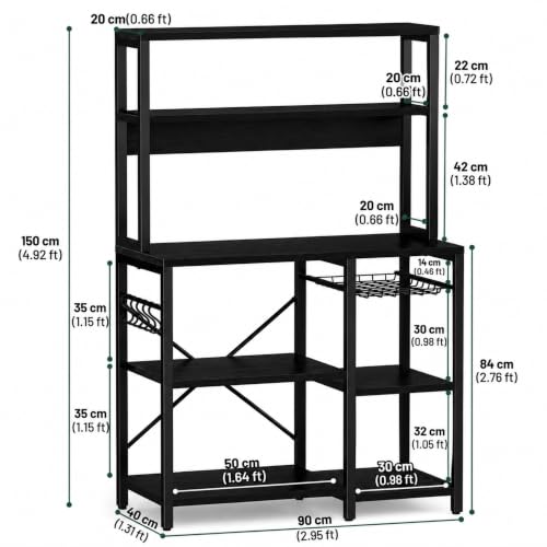 Image of 5-Tier Kitchen Storage Rack | Microwave Stand with Organizer | Kitchen Shelf Unit | Coffee Bar Organizer | Heavy Duty Metal & Wood Cabinet | Black | 90x40x150 cm