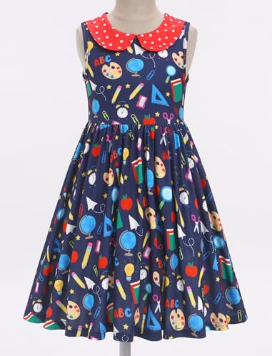 ODASDO Girls Back to School Dress Pencil Printed Causal Sleeveless A-line Swing Twirly Dress Kids First Day of School Clothes3