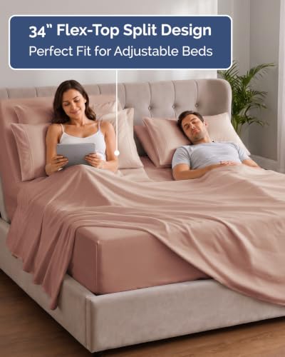 Image of CGK Unlimited Extra Deep Flex Top Split Head King Sheet Set - 6 Piece Breathable and Cooling Sheets - Hotel Luxury Bedding for Women, Men, Kids & Teens - Easy Secure Fit - Extra Deep Pockets - Mauve