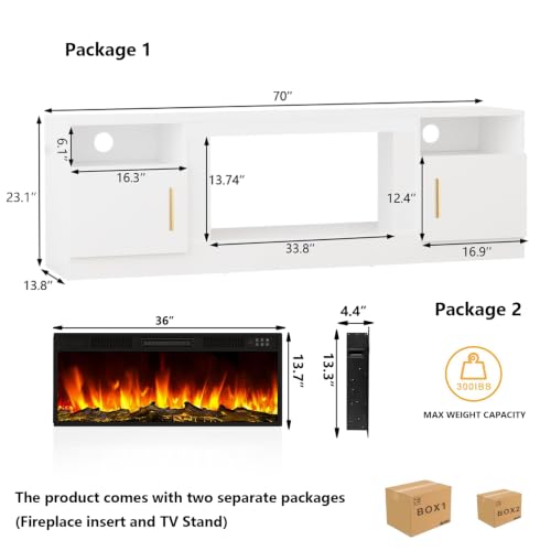 Image of Waleaf 70 inch Fireplace TV Stand with 36 inch Electric Fireplace,20 Colors LED Lights Entertainment Center for Living Room,Large High Gloss TV Console Cabinet for Televisions up to 80+ Inch