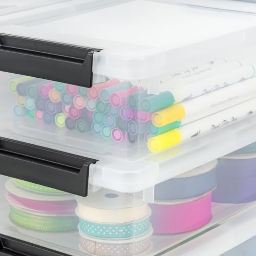 Image of IRIS USA 2 Qt. Craft Storage Bins with Lids, 6-Pack, |Made in USA|, Clip Box, Small Plastic Sensory Bin Tote Organizer Containers for Art Supplies, Paper, & Office, Stackable - Clear /Black