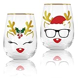 Whaline 17oz Christmas Novelty Stemless Wine Glasses with Gold Rimmed 2Pcs Reindeer Drinking Glasses for Christmas Party Event Supplies Kitchen Decor Gift